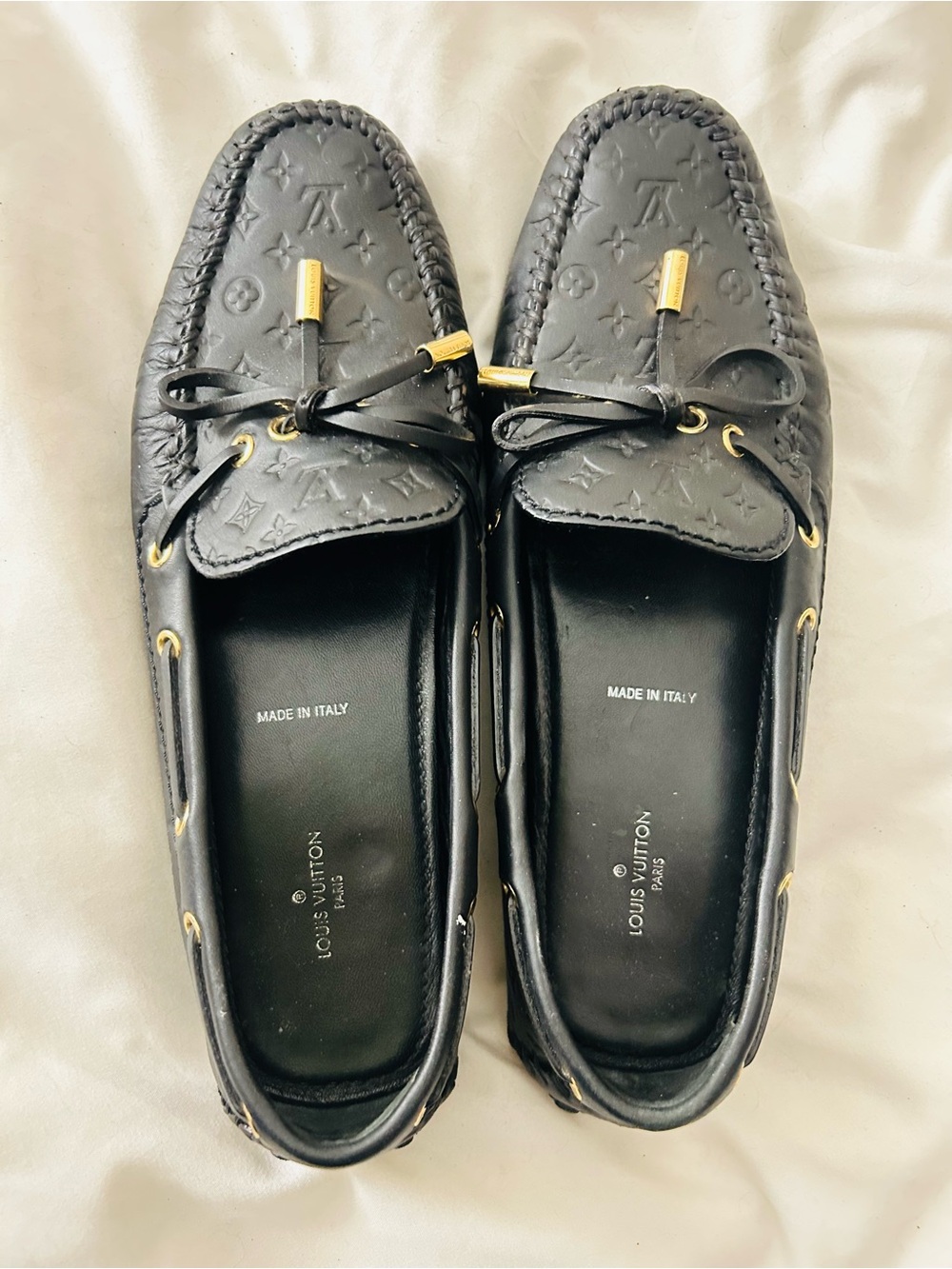 Louis Vuitton Black Monogram Leather Driving Moccasins with Gold-Tone Details